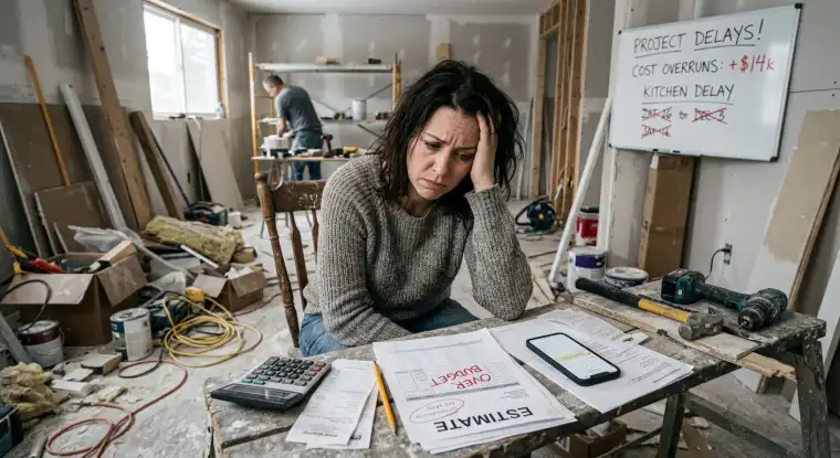 A homeowner looking stressed while reviewing renovation plans.