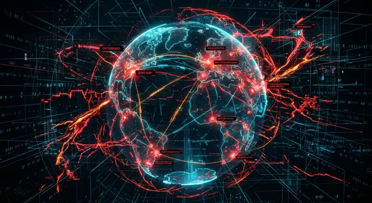 Cybersecurity illustration with digital threats and protection