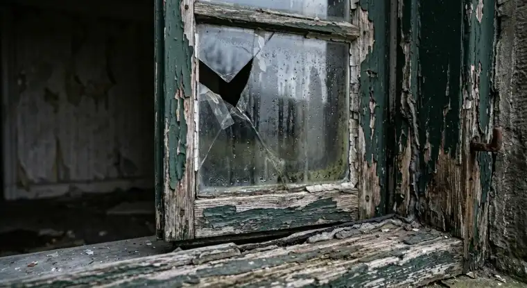 A close-up shot of a window showing signs of wear and tear, with peeling paint and cracked glass, emphasizing the need for proper maintenance.
