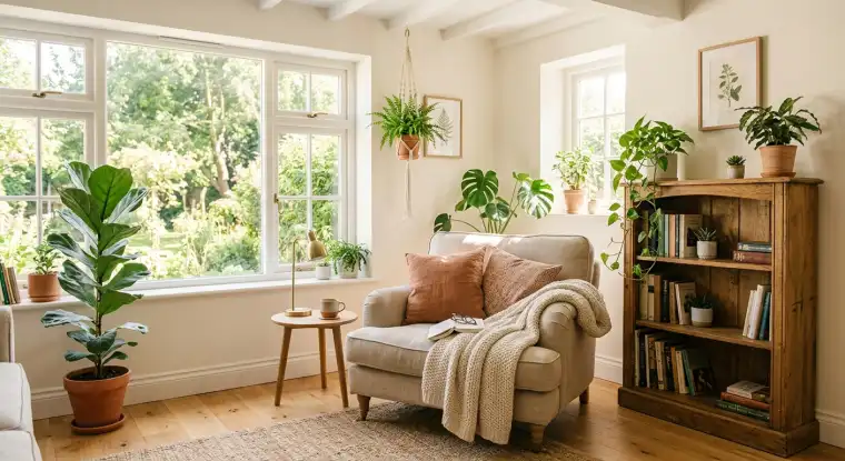 A bright, sunlit room with natural light streaming through the windows