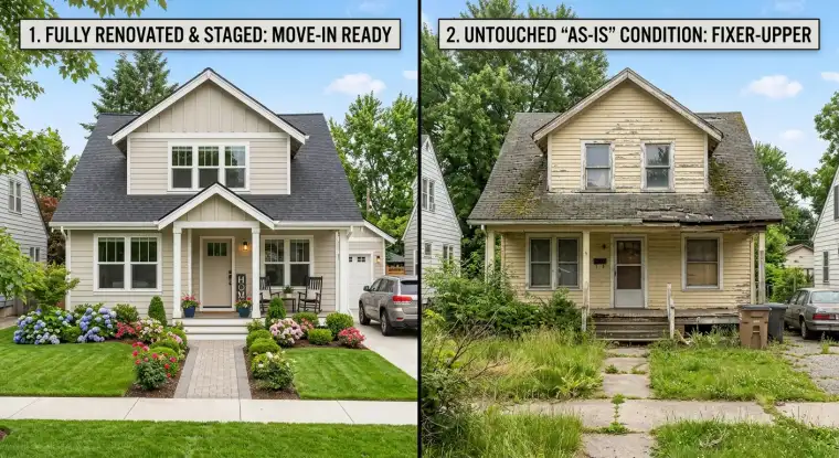 A house with a 'for sale' sign, representing the concept of selling a house as-is.