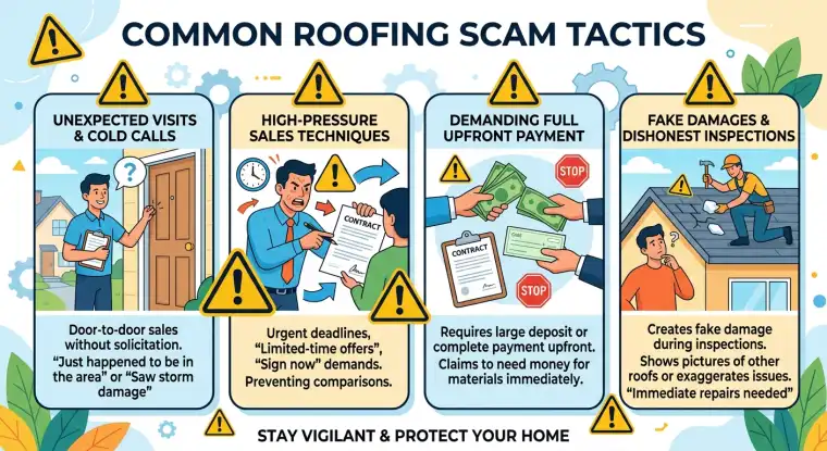 A homeowner looking at a damaged roof, concerned about dishonest contractors.