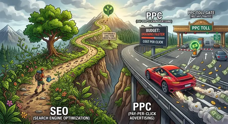 SEO vs PPC comparison on a computer screen