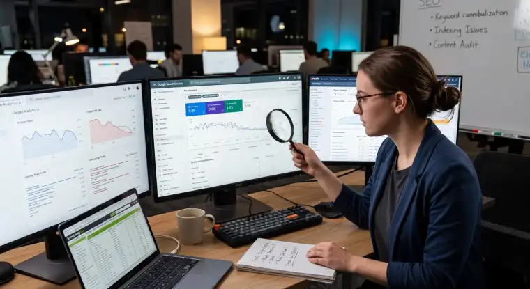 A graph showing a steep decline in website traffic, illustrating a Google ranking drop.