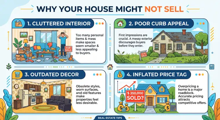 A house with a 'for sale' sign, highlighting the reasons why a house may not be selling.