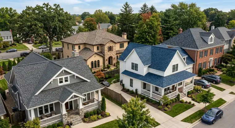 A variety of roofing materials, including shingles and tiles, are displayed