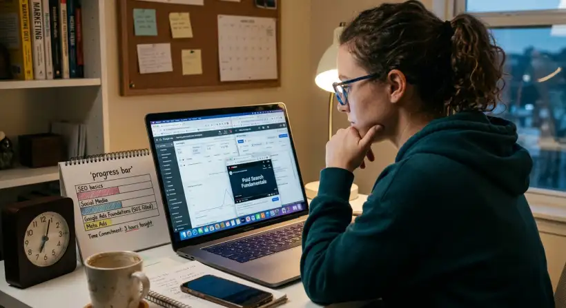 A person working on a laptop with paid advertising graphs on the screen