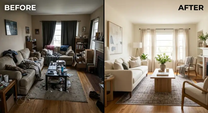 A beautifully staged living room with neutral colors and inviting furniture.