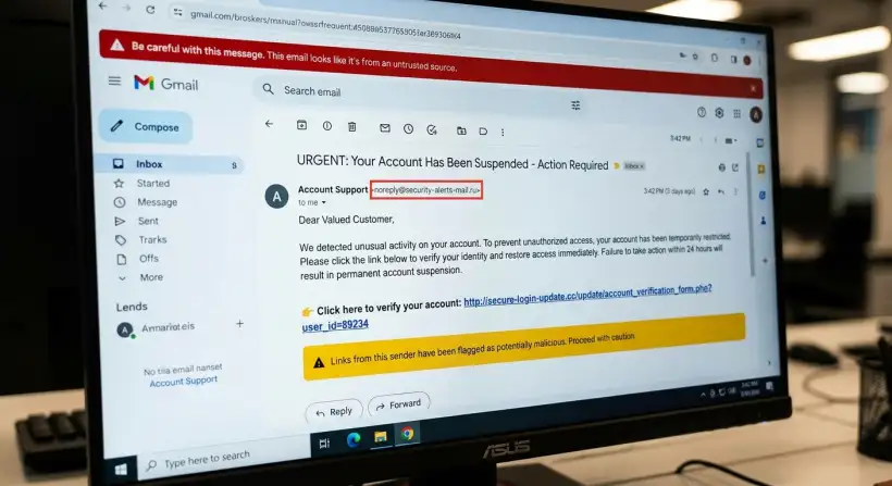 A phishing attack visualized, with a fake email and a user clicking on a suspicious link.