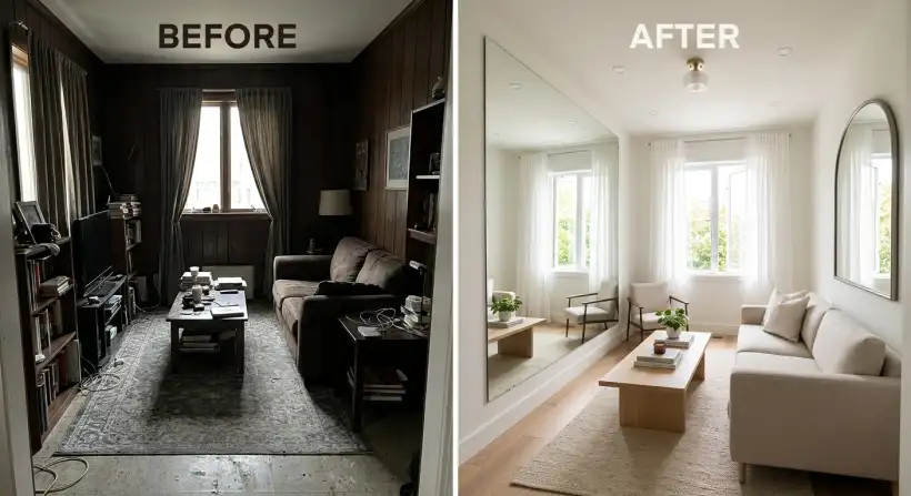 A stylish living room with a large mirror reflecting the space, making it look bigger and brighter.