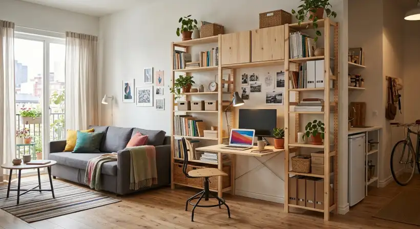 A modern living room featuring multifunctional furniture