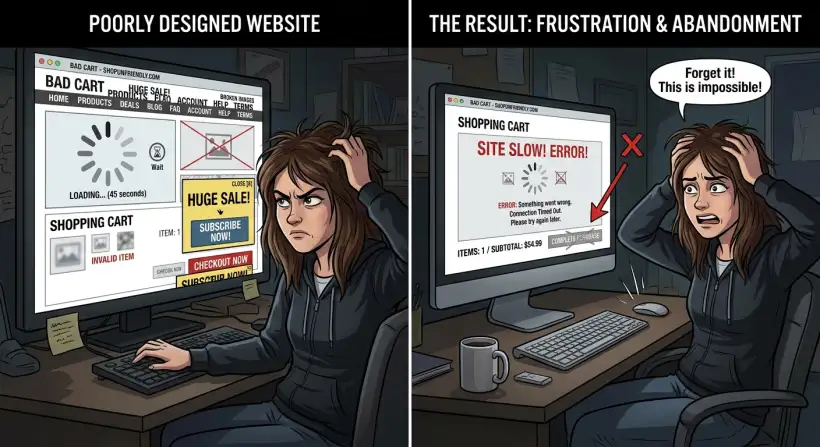 A frustrated online shopper staring at a poorly designed product page, highlighting the negative impact on sales.