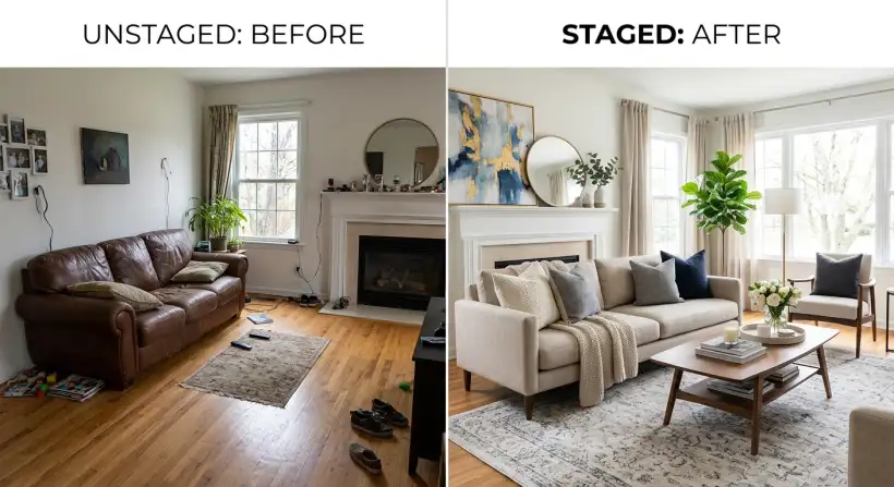 A beautifully staged living room, showcasing effective home staging.