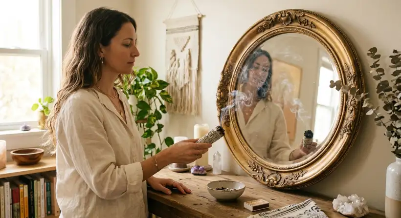 A woman arranging a decorative mirror on a wall in a beautifully staged living room.