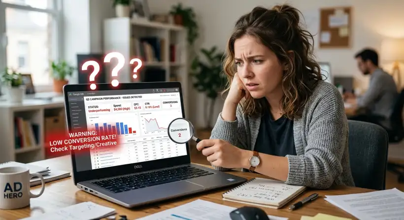 A person looking at a laptop screen with graphs and ad analytics displayed.