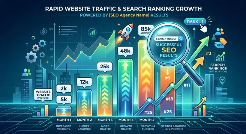 A person working on a laptop, surrounded by SEO-related charts and graphs