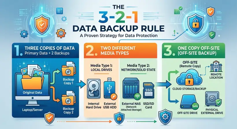 A computer with data backup icons