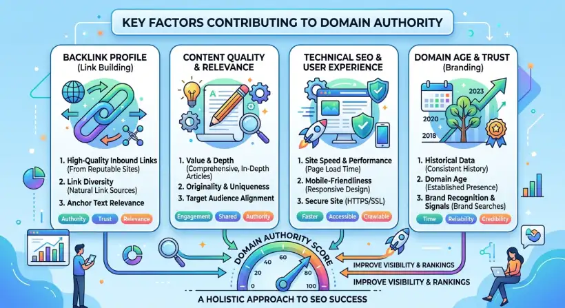 A visual representation of Domain Authority, showing a graph with arrows pointing upwards, symbolizing SEO growth.