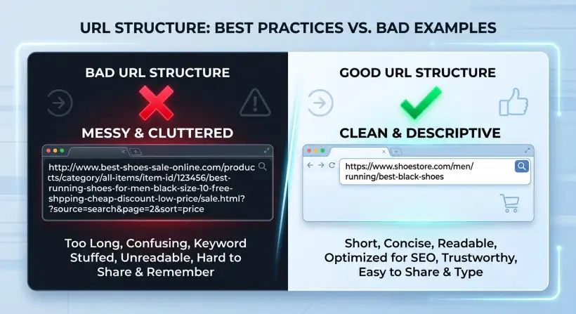 A computer screen displaying a URL with highlighted keywords, representing URL optimization for SEO