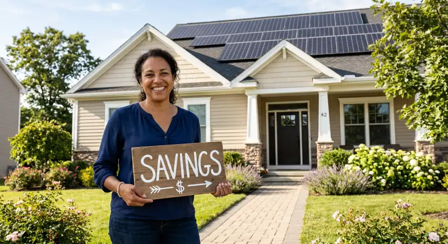Solar panels on a roof, with a question mark superimposed, illustrating the question of refinancing a solar loan