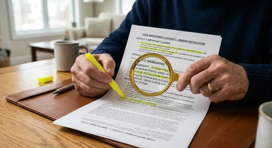 A homeowner carefully inspecting a window, emphasizing quality and installation