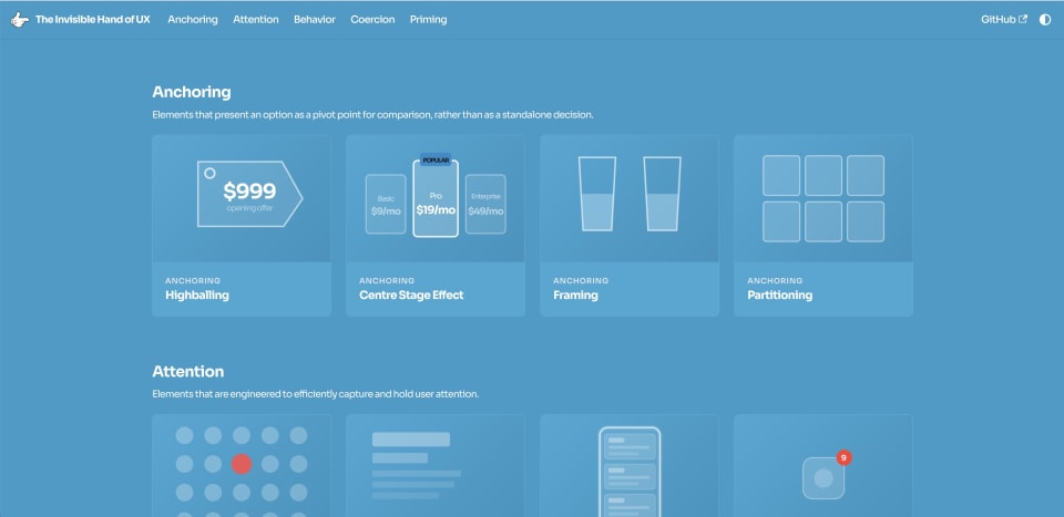The sectioned landing page with category headers and descriptions