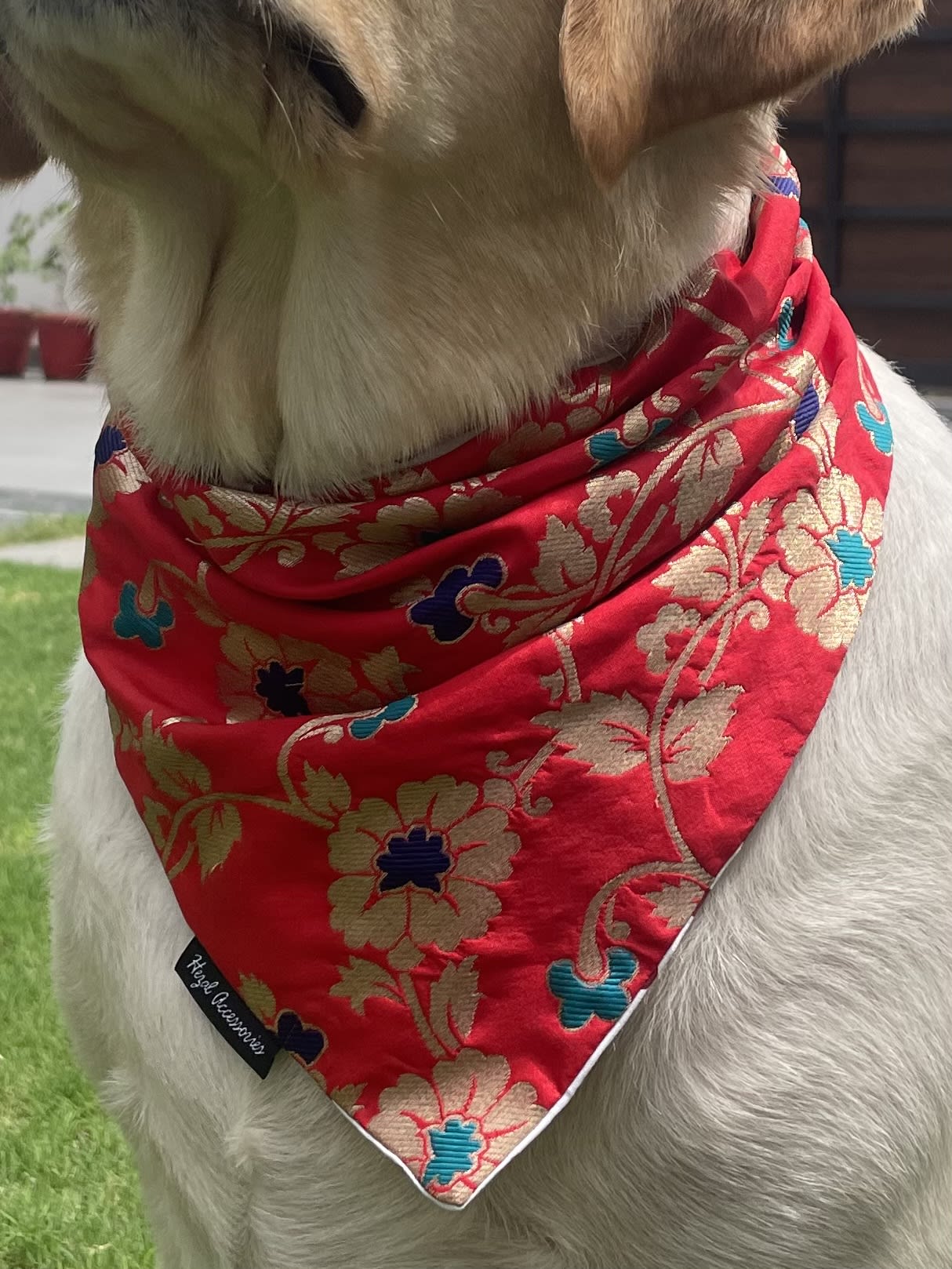 Red brocade silk tie on bandana  image 4