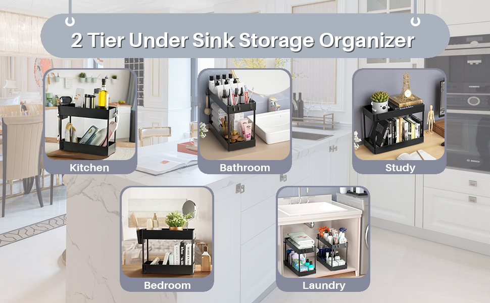 Dolift 2 Pack Under Sink Organizers and Storage, Sliding Cabinet Basket  Organizer 2 Tier Pull Out Under Cabinet Storage with 8 Hooks Multi-Purpose