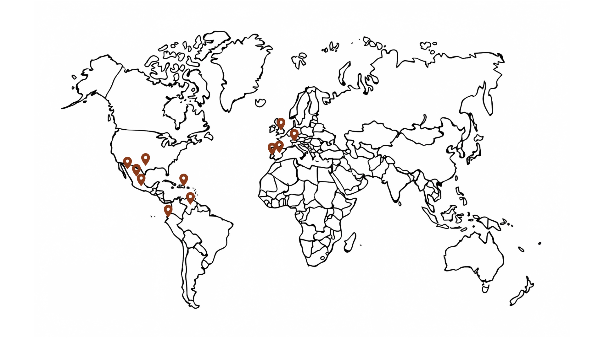 Mapa del mundo con las ubicaciones marcadas donde ha estado Rafa Lafuente
