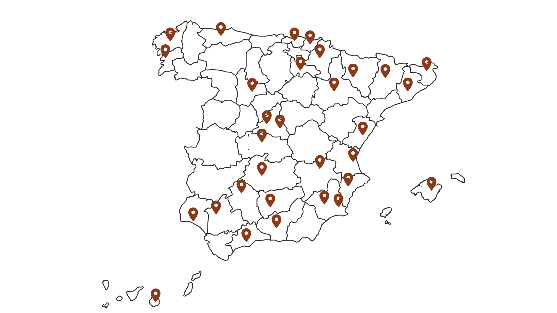 Mapa de España con las ubicaciones marcadas donde ha estado Rafa Lafuente