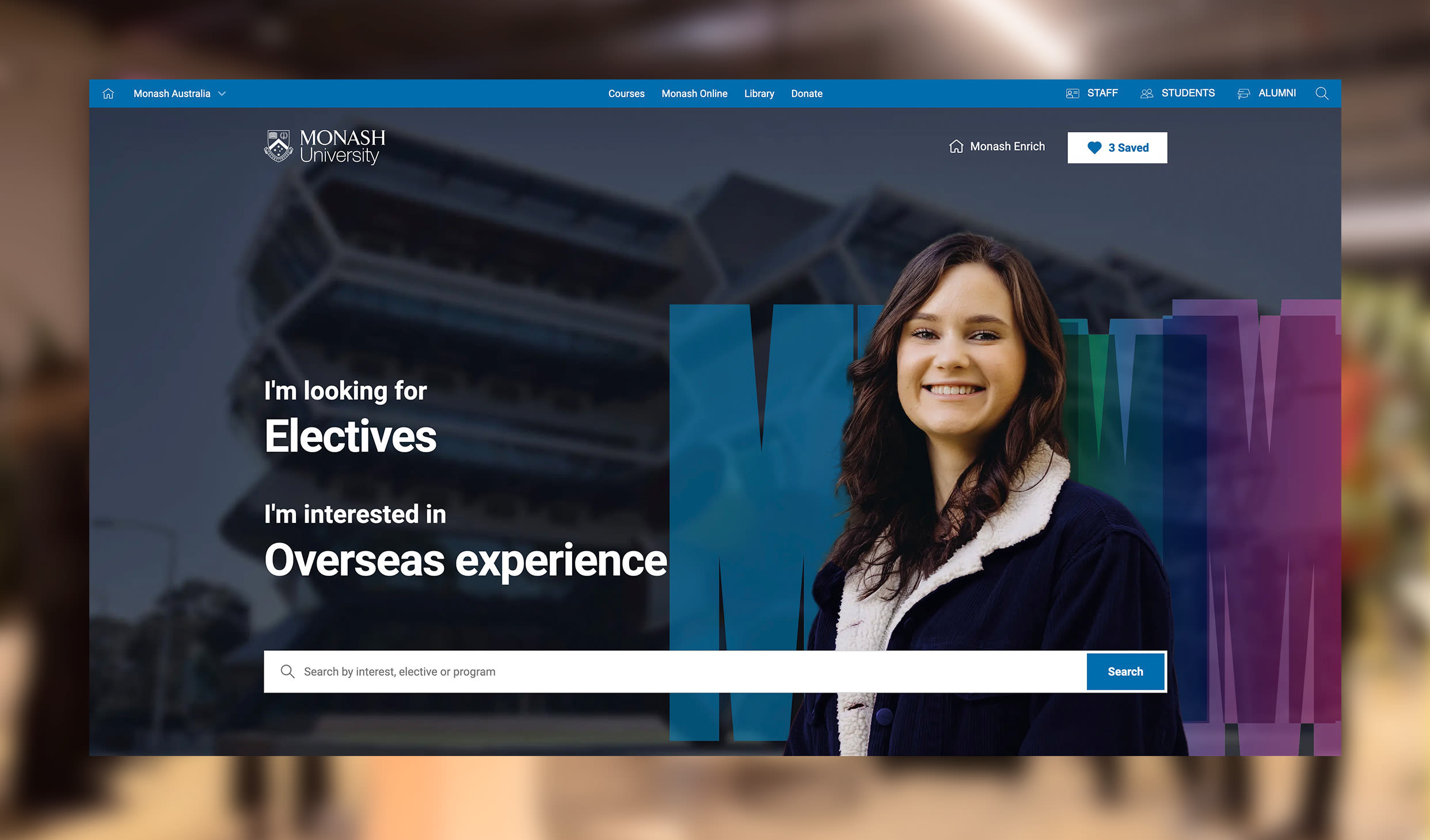 Desktop homepage of Monash Enrich