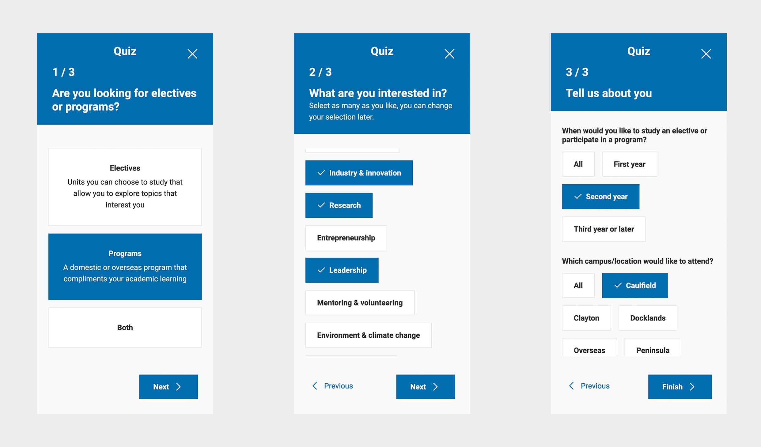 Quiz pages of Monash Enrich