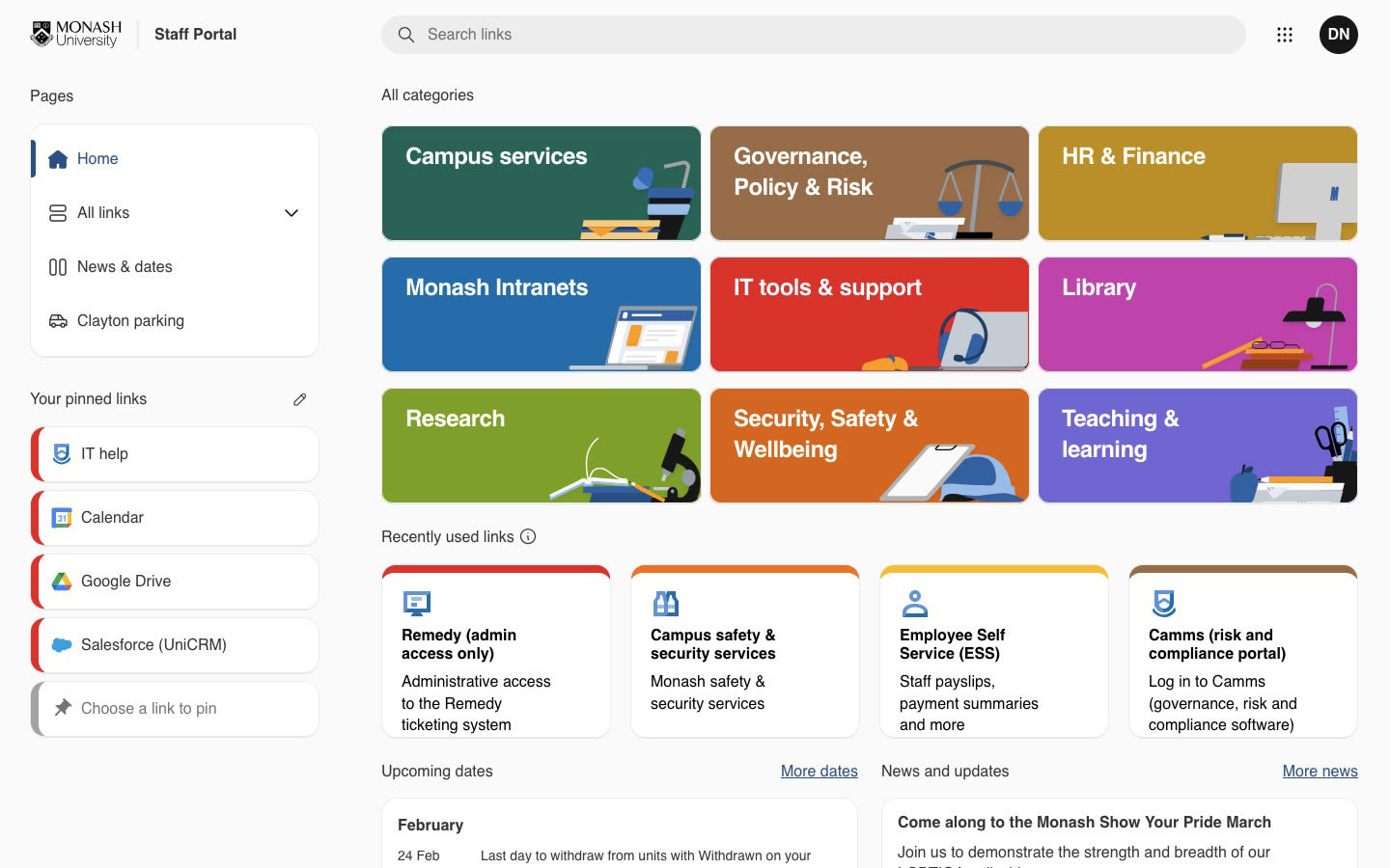 Desktop dashboard of Monash Staff Portal