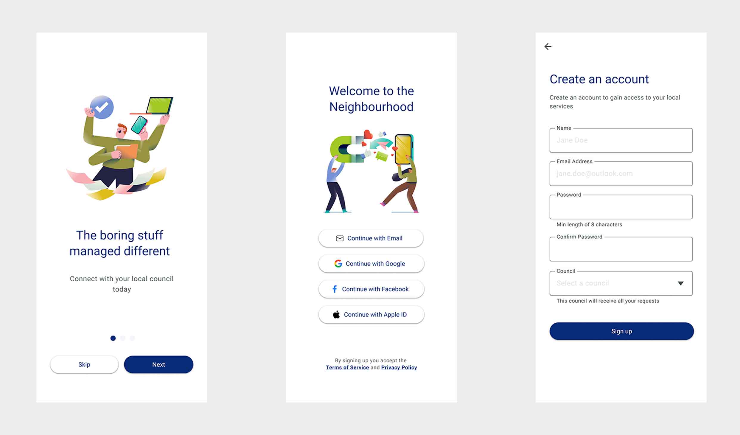Account sign up process for Neighbourhood app