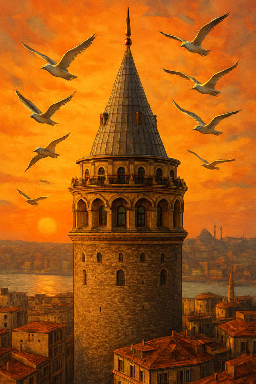 Galata kulesini resmet ama yukardan çekim olsun sonra martılar olsun günbatımı olsun