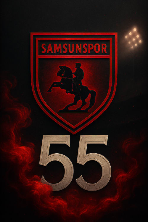 “Luxury iPhone 16 phone case design for Samsunspor fans. Vertical composition optimized for iPhone 16 camera cutout on the top left. Matte black background with deep red and white accents. Large vintage Samsunspor crest featuring the Atatürk silhouet