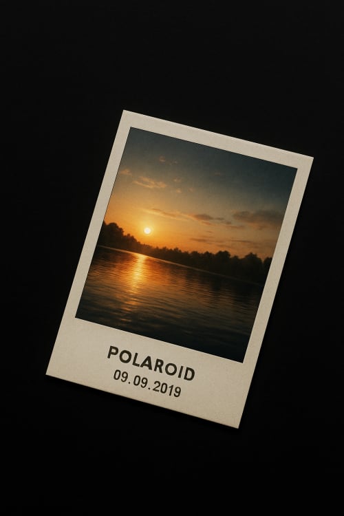 Polaraid fotoğraf telefon kılıfının alt orta kısmında dursun. 09.09.2019 tarihi yazılı olsun. Kılıf arka planı siyah olsun.