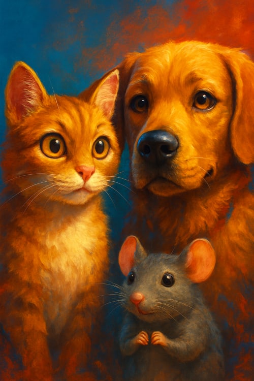 Kedi köpek fare olan pixar semi realitstik ultra gerçekçi