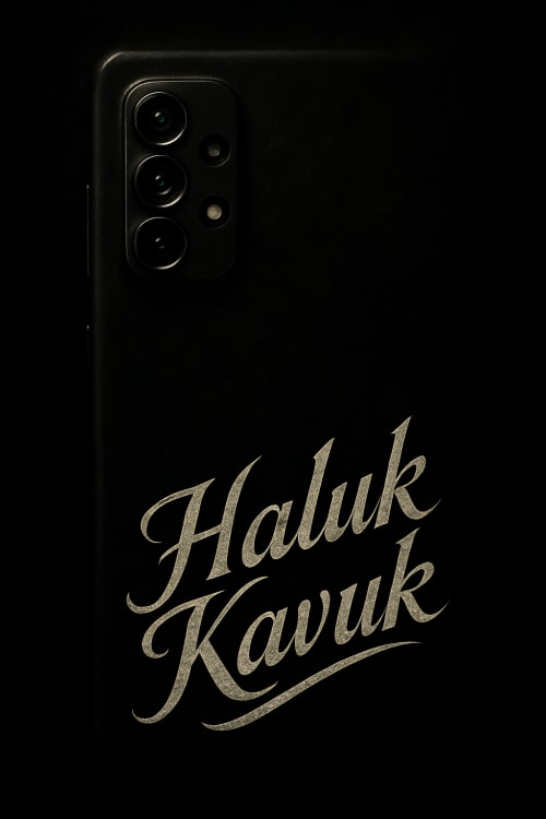 italic "Haluk KAVUK" text, photorealistic, hyper-detailed, studio lighting, corner placement, diagonal composition, dark background, deep shadows, epic dramatic atmosphere, heroic feeling, highly detailed, intricate textures, rich fine details, Siyah