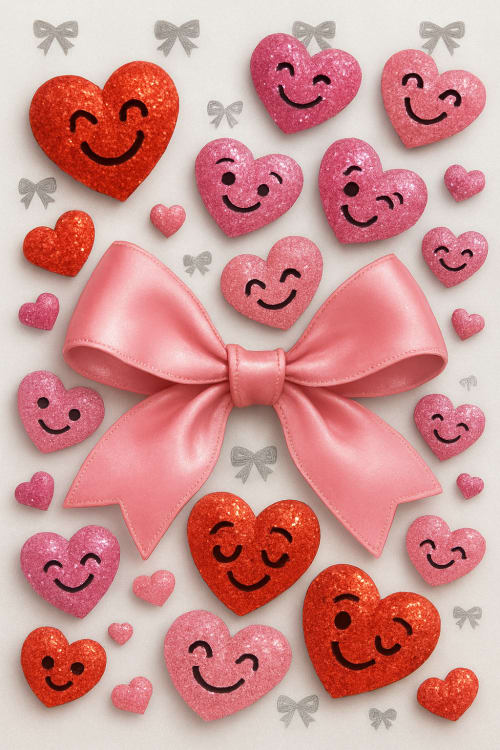 ribbon design with sparkly tiny heart stones, photorealistic, hyper-detailed, studio lighting, light background, bright clean backdrop, fun playful atmosphere, cheerful and bright, highly detailed, intricate textures, rich fine details, Şeffaf kılıf 
