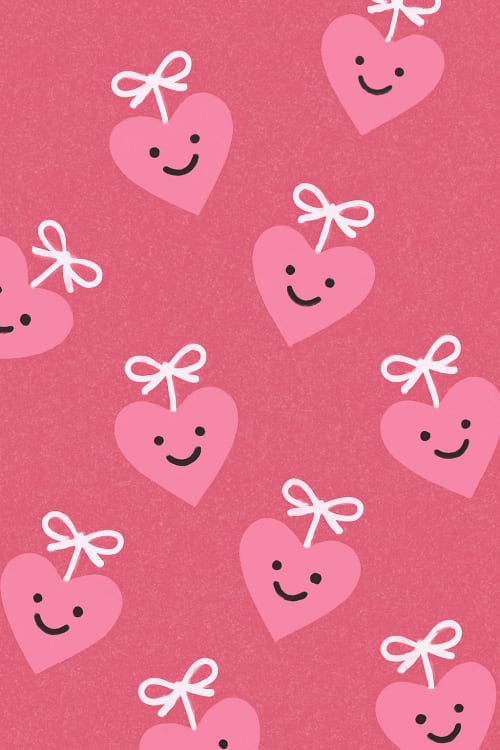 pembe simli arka plan  rengi minik pembe tonlarında kalpler  kalpler üzerinde gülen yüzler ve minik beyaz kurdelelerle süslenmiş olsun