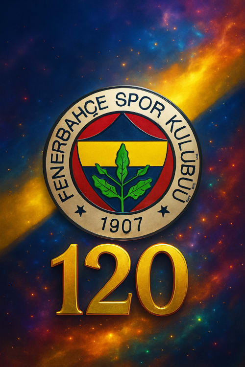 photorealistic Fenerbahçe theme, hyper-detailed, studio lighting, corner placement, diagonal composition, Fenerbahçe 120 yıl logo