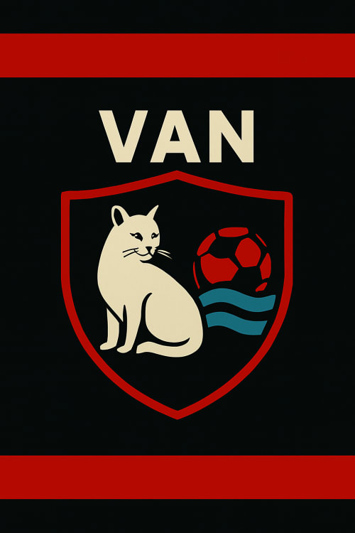 Van sport logo centered, black and red stripes at the top and bottom, corner placement, diagonal composition, dark background, deep shadows, Van spor logosu olsun