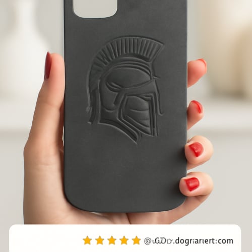 "A high-resolution product photo of a premium dark grey suede-textured iPhone 15 case, held in a person's hand. The case must feature a centered, detailed, dark grey embossed (engraved) motif of a side-profile Spartan helmet with a horsehair crest. T
