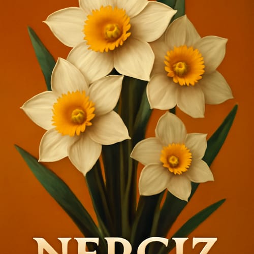 photorealistic daffodil flower design with hyper-detailed features, large letters "NERGİZ" underneath, studio lighting, Nergiz çiçeği kaplamada olsun alt kısmında Nergiz yazısı olacak