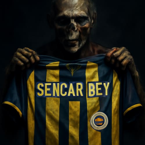 Fenerbahçe forması üstünde SENCAR BEY YAZILI FORMAYI GOSTERİYOR