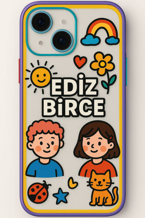 İncecik köşeli telefon  tam oturan şeffaf ama köşeler renkli kücük figürlü kamera lens acık ediz birce yazılı kılıf