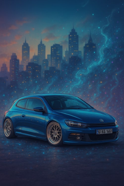 Mavi scirocco yere basık araba camlar filimli yandan çekilmiş bir resim jantlar bbs plakası 61 KG 1461