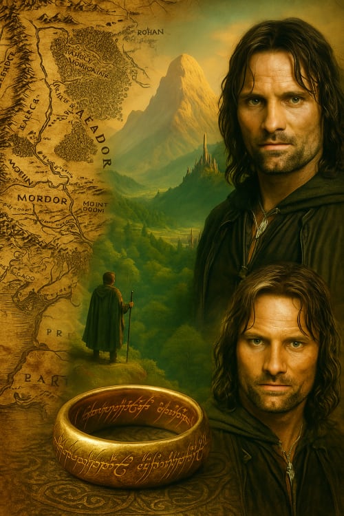 realistic high-resolution photograph of Middle-earth landscape, filled with green forests and mountains, detailed illustration with depth shadows, Yüzüklerin efendisi ve orta dünya haritası temalı bir arka plan ve yüzük ile aragorn un da olduğu bir k