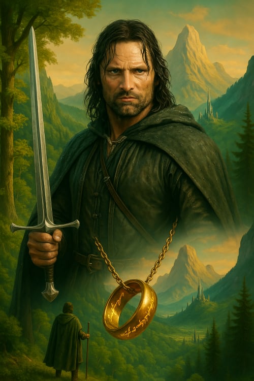 realistic high-resolution photograph of Middle-earth landscape, filled with green forests and mountains, detailed illustration with depth shadows, Yüzüklerin efendisi temalı bir kolaj istiyorum kolaj da mutlaka aragorn ve filmdeki asıl yüzük de olsun